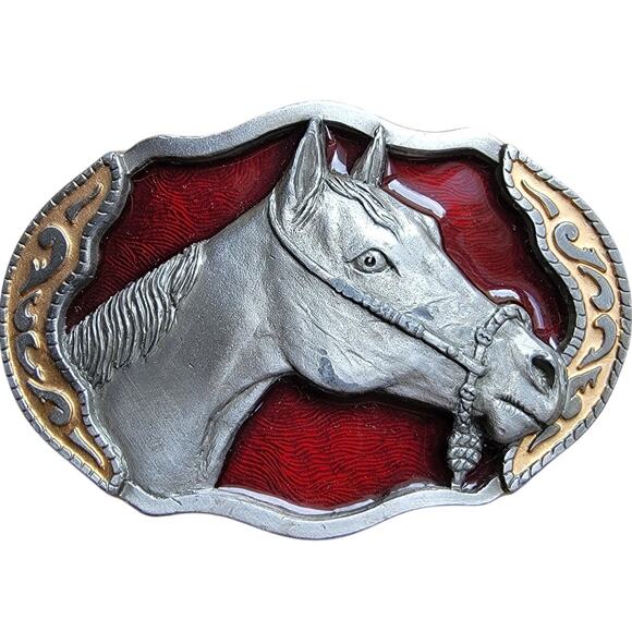 Vintage Horse Belt Buckle Buckles of America Red Enamel USA BA-244 - Picture 1 of 9